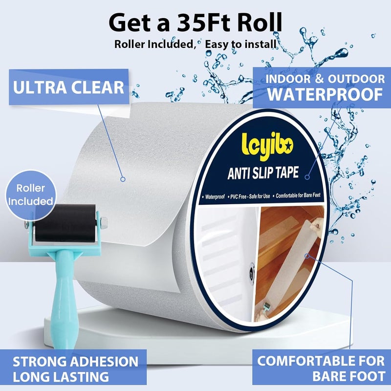 Leyibo Anti Slip Tape Clear Waterproof Outdoor/Indoor, 3" x 35Ft Non Slip Traction Grip Tape for Bathtubs, Boats, Stairs, Pools, Transparent, Soft, Comfortable for Bare Feet (3" X 35') - Image 2